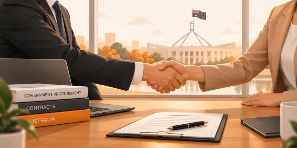 Two people in business attire shake hands at a desk with contract documents and books labelled “Government Procurement” and “Australia,” with the Australian Parliament building visible outside the window.
