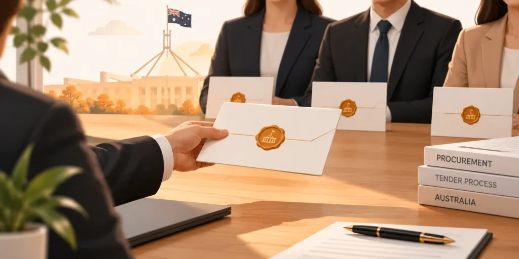 Four people in business attire sit at a table with sealed envelopes; Parliament House and an Australian flag are visible in the background. Documents labelled procurement, tender process, and Australia are on the table.