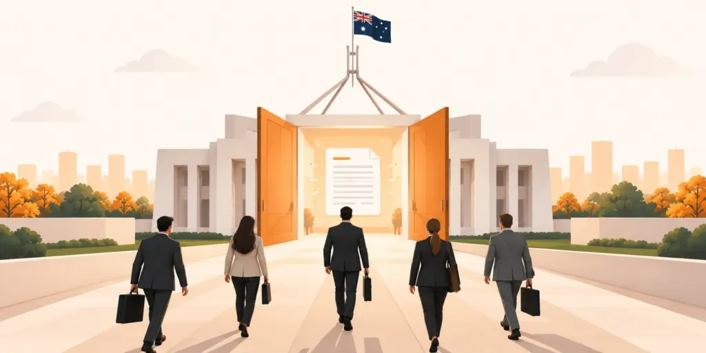 Five people in business attire walk towards a government building with an Australian flag, large open doors, and a visible document inside, set against a cityscape background.
