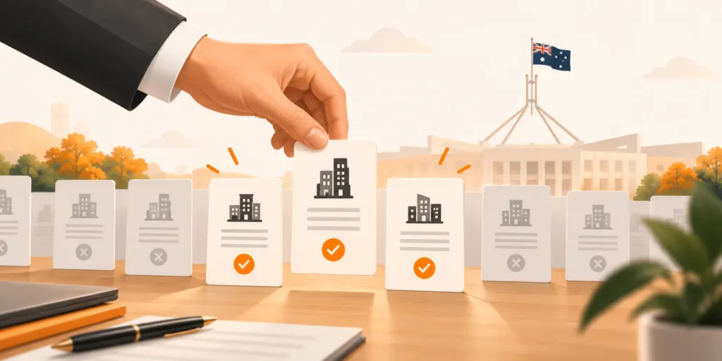 A hand selects a card with a building icon from rows of similar cards on a desk, with Australia’s Parliament House and flag in the background.