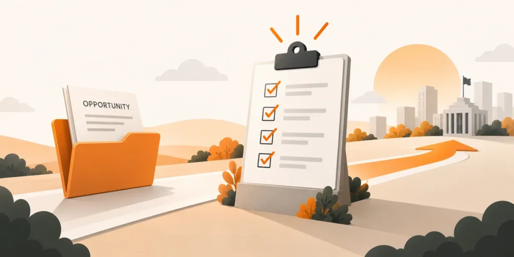 Illustration of a folder labelled “Opportunity”, a checklist on a clipboard with tick marks, and an arrow leading towards a government-style building in the background at sunrise.