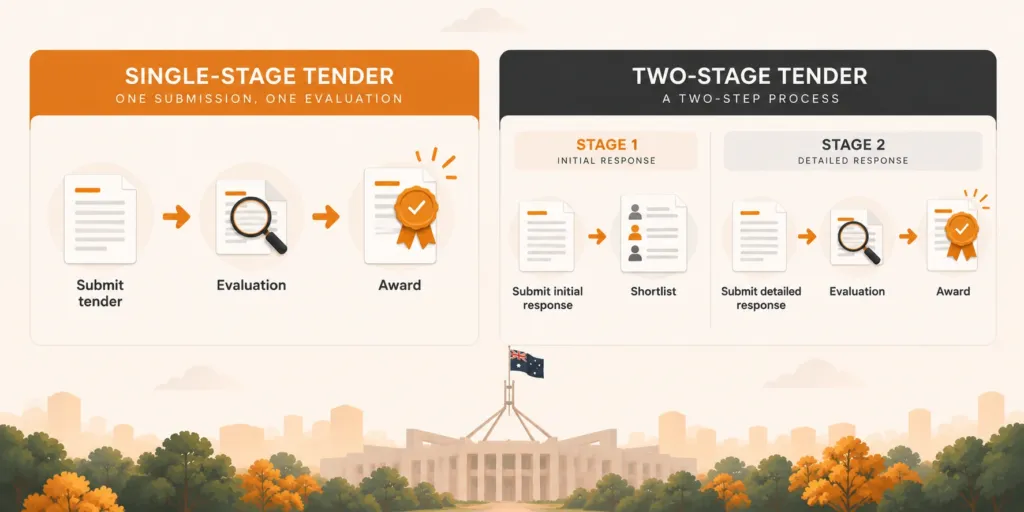Comparison chart showing steps for single-stage tender (submit, evaluate, award) and two-stage tender (submit, shortlist, detailed response, evaluate, award) with government building illustration.