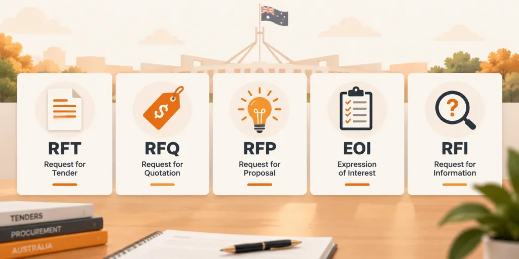 Five procurement terms—RFT, RFQ, RFP, EOI, RFI—are displayed in front of Australia’s Parliament, with office stationery on a desk in the foreground.
