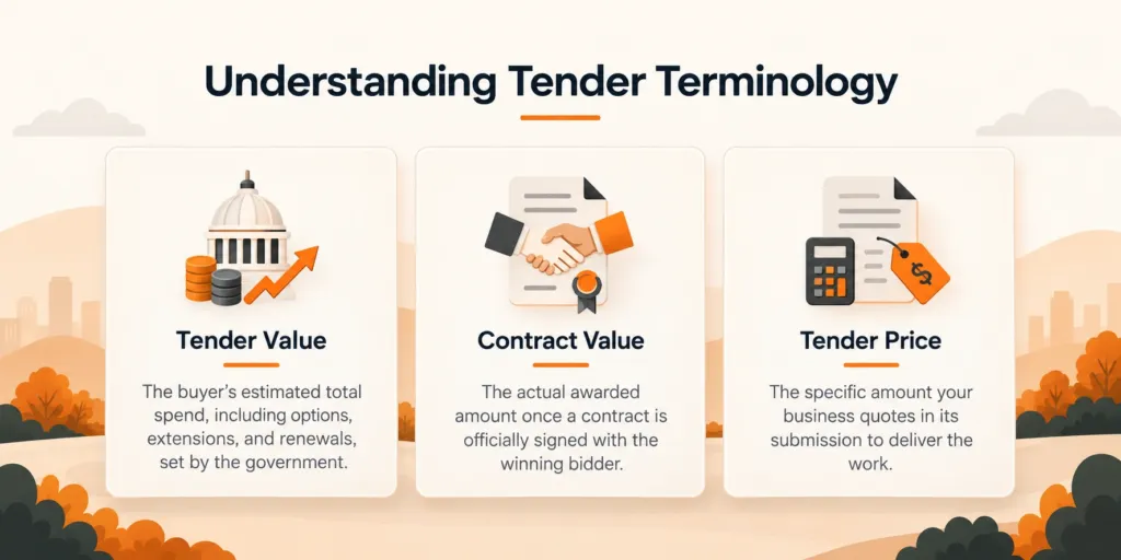 Three labelled boxes explain tender value, contract value, and tender price, each with icons and brief definitions, under the heading “Understanding Tender Terminology”.