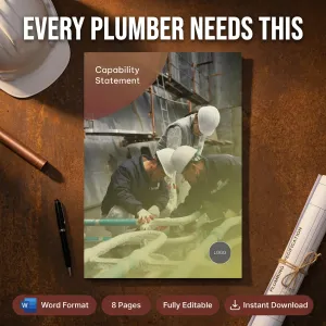 A booklet titled "Capability Statement" featuring plumbers at work, placed on a desk with a hard hat, pen, ruler, and rolled-up paper; text reads "Every Plumber Needs This.