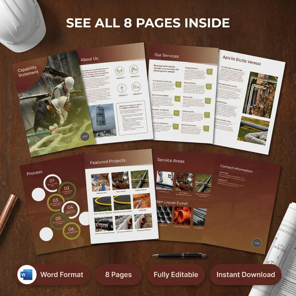 A capability statement template is displayed across eight pages, featuring sections for about us, services, process, projects, service areas, and contact information.