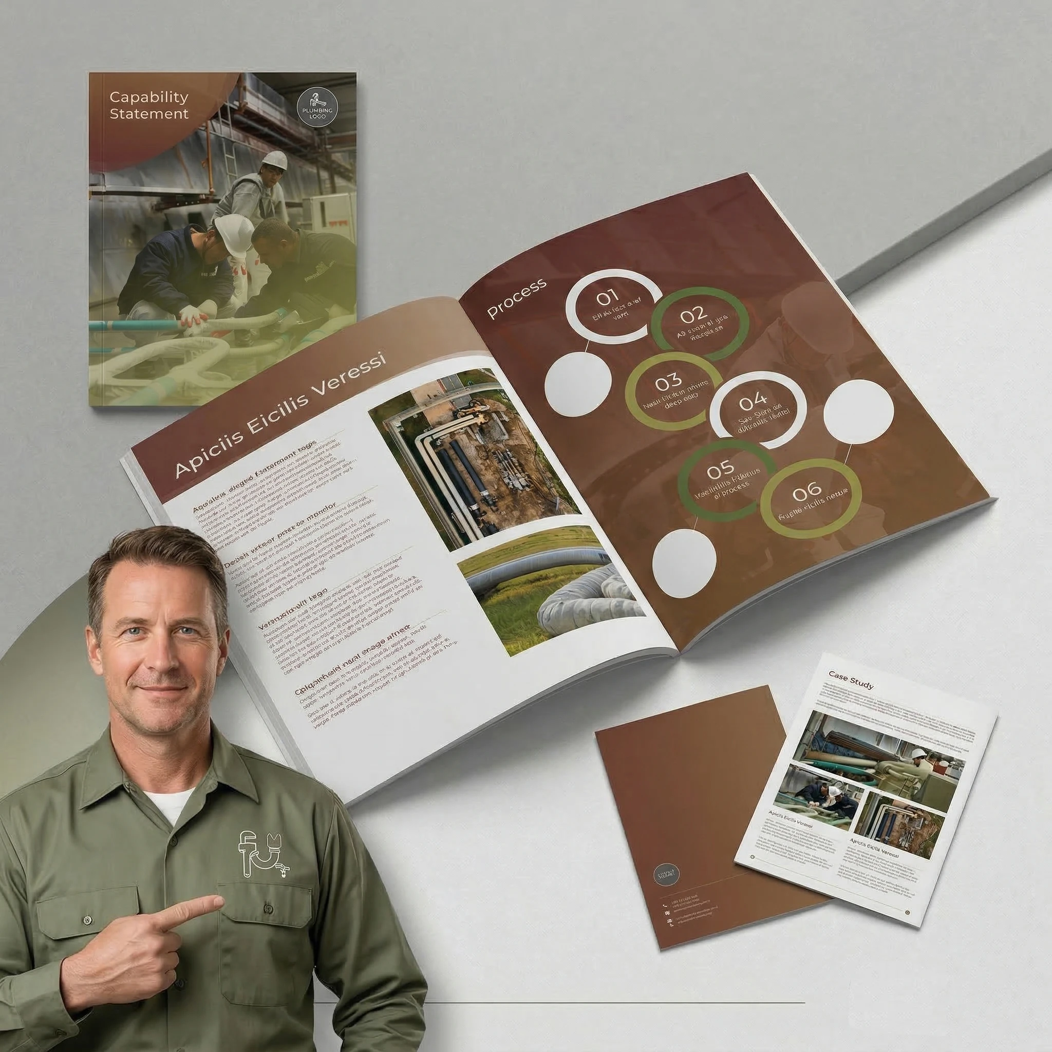 A man in a green shirt points to his chest; in front of him are open brochures and booklets featuring industrial images and process diagrams.