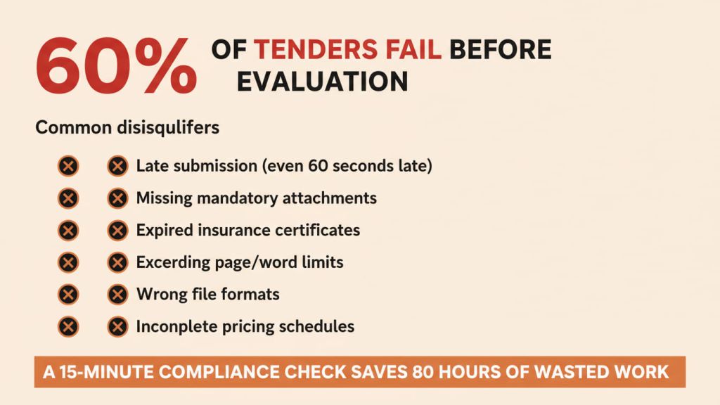 Infographic stating 60% of tenders fail before evaluation, listing common disqualifiers, and highlighting the value of a compliance check.