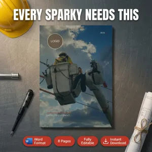 A capability statement booklet featuring a worker in a cherry picker is on a desk with a hard hat, pen, spanner, and documents, under the heading “Every Sparky Needs This.”.