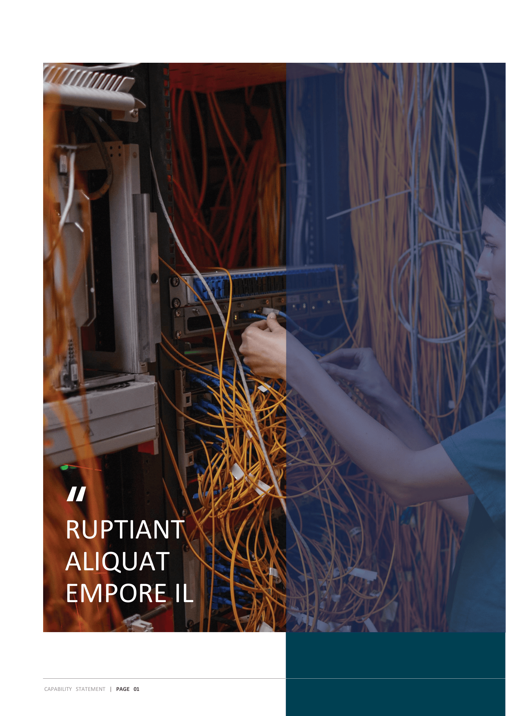 Person working with numerous orange cables in a server room; network equipment and wiring are visible, with partial text overlay on the left.