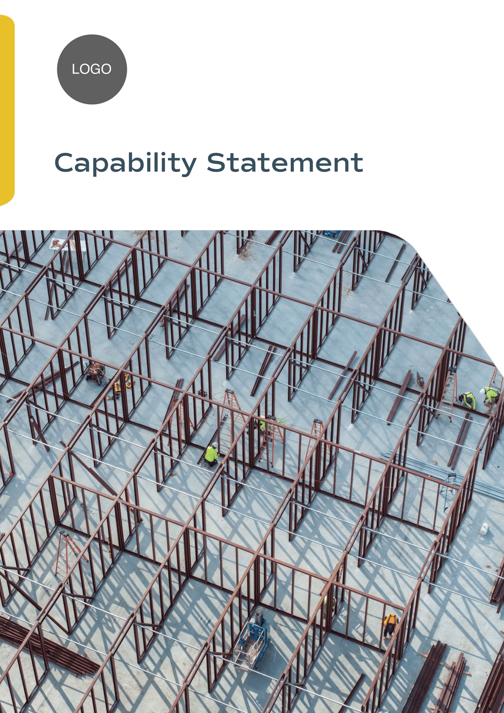 Aerial view of construction workers assembling metal framework on a building site; text reads “Capability Statement” with a placeholder logo.
