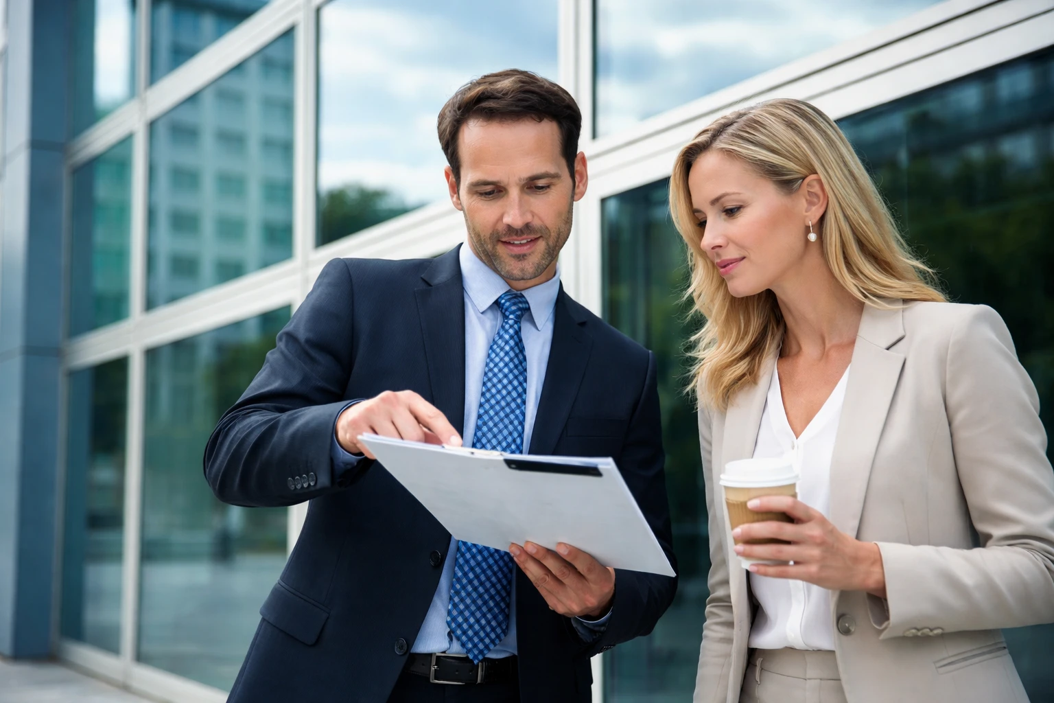 Two business professionals standing outside, reviewing a document on a clipboard; one is holding a coffee cup.