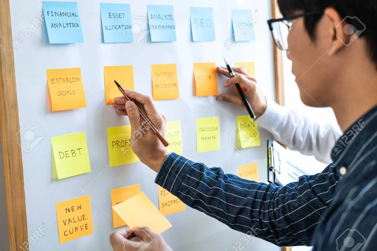 Two people write on sticky notes attached to a whiteboard covered with project management and business strategy terms such as "Financial Analytics", "SEO", and "Debt".