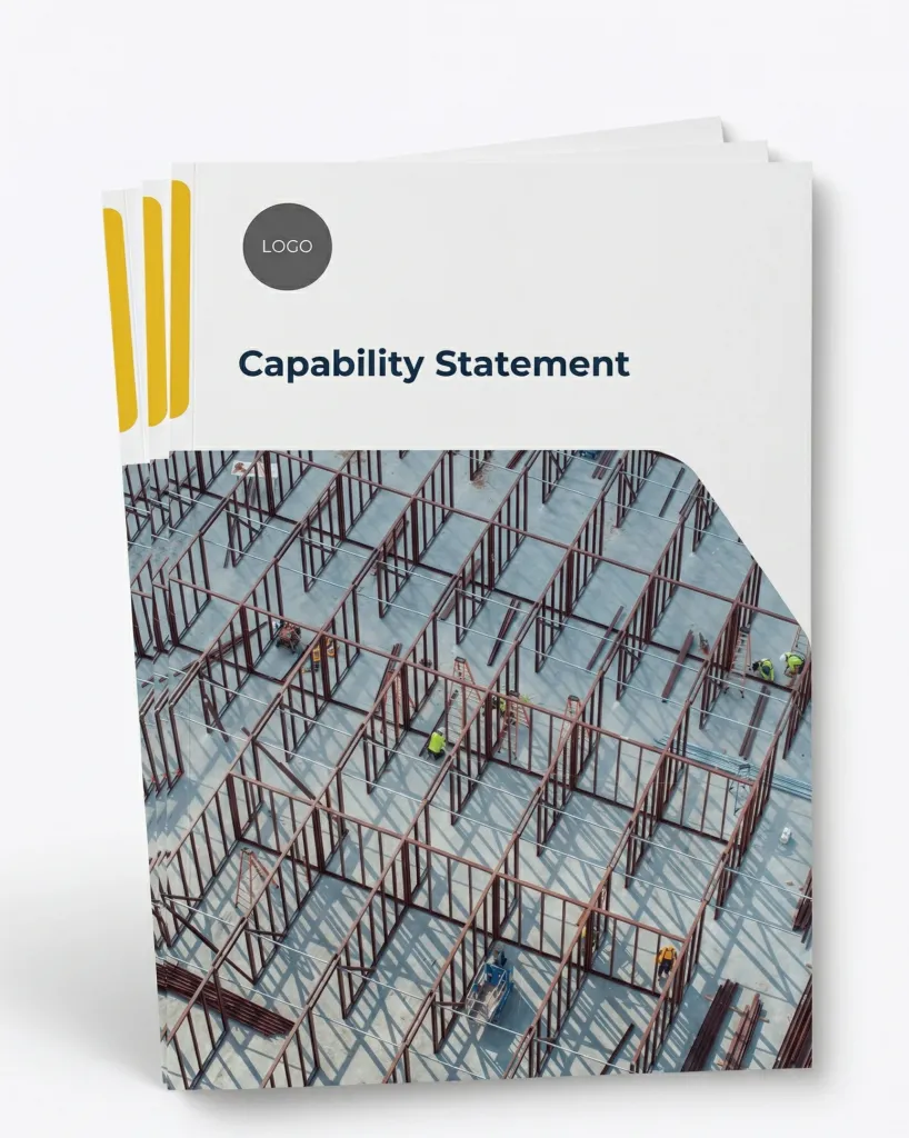 A brochure cover titled "Capability Statement" with a construction site image showing steel framework and workers, and a placeholder for a logo.
