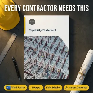 A capability statement document on a desk with a construction site cover, next to a hard hat, ruler, pen, and rolled blueprint; text overlay promotes it for contractors.