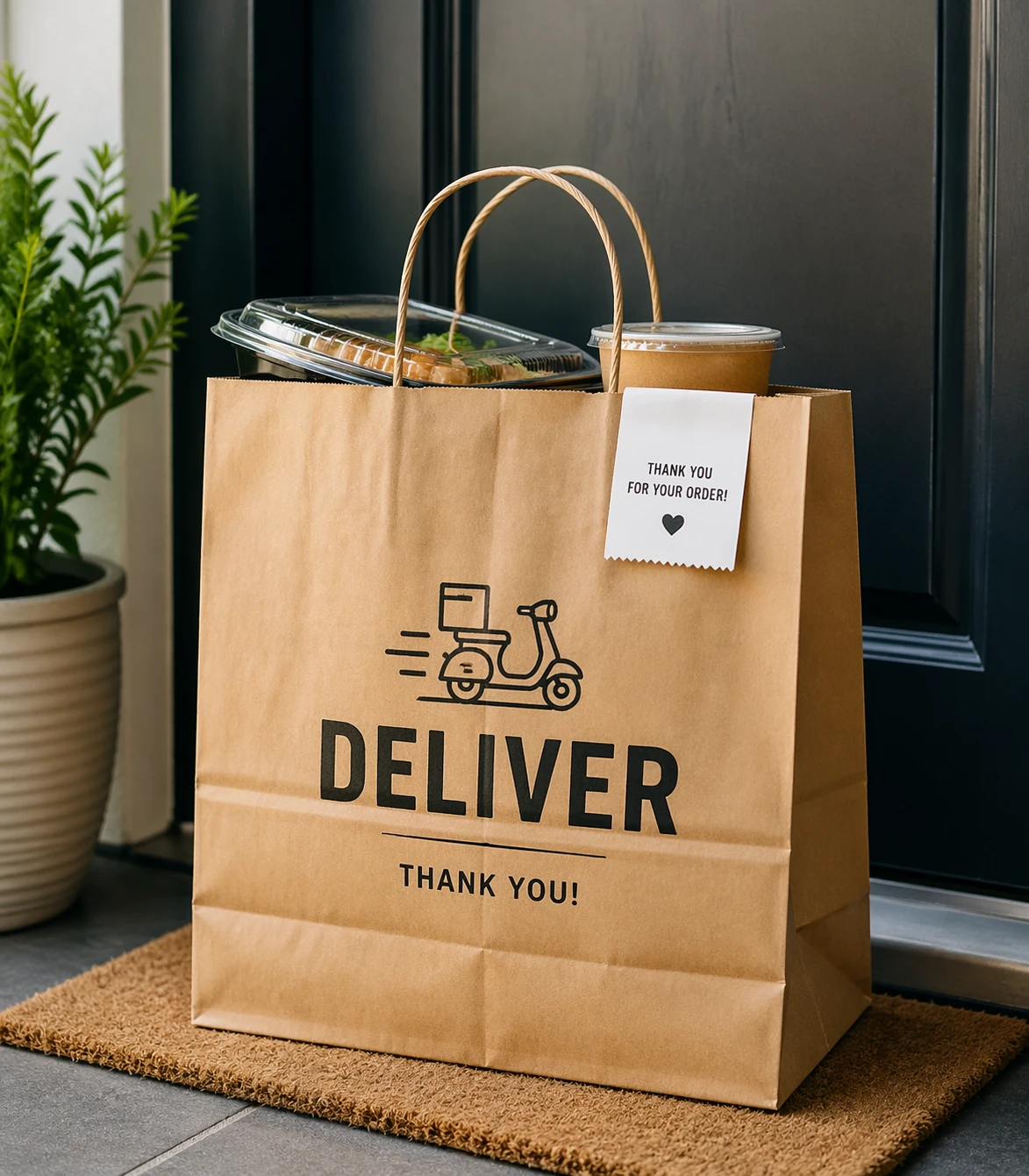A paper bag with “DELIVER” and “Thank you!” printed on it sits on a doormat, filled with takeaway containers and a drink, in front of a door.