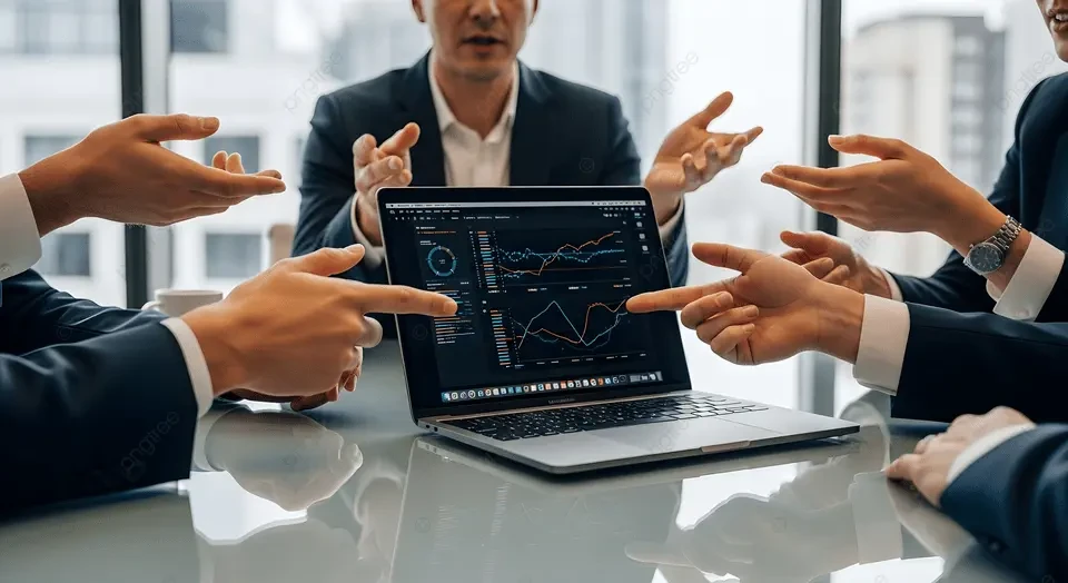 Four people in business attire sit around a table, gesturing towards a laptop displaying financial charts and data; one person is speaking.