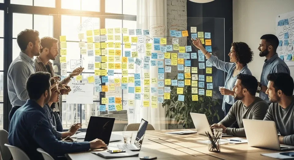 A group of people in a modern office discuss ideas, with sticky notes covering a large glass wall and laptops open on a conference table.