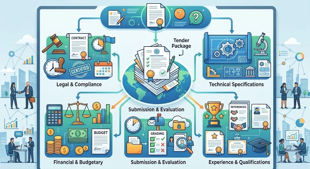 Infographic showing the tender process: legal & compliance, technical specifications, financial & budgetary, and submission & evaluation steps, connected by documents and icons.