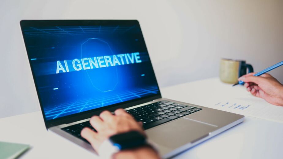 A person uses a laptop displaying the words “AI GENERATIVE” while writing notes on paper with a pen; a mug is on the desk.
