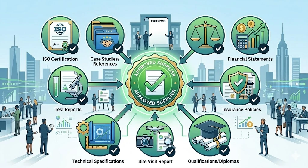 Infographic illustrating supplier approval process with icons for ISO certification, references, financials, insurance, qualifications, test reports, site visit, and technical specifications.