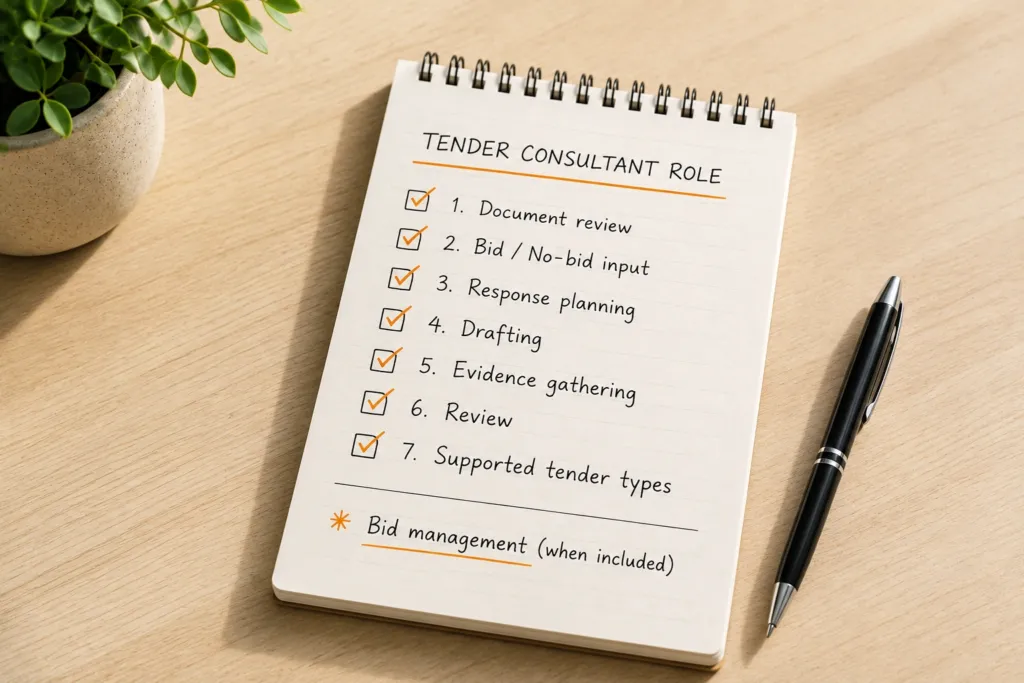 A notepad titled “Tender Consultant Role” lists seven ticked tasks, with a pen and potted plant nearby on a wooden desk.