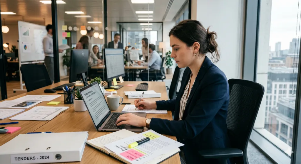A woman in business attire works on a laptop at a desk in a modern office, with documents, files, and office supplies around her; several colleagues work in the background.