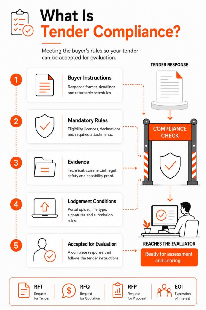 Infographic explaining the five steps of tender compliance: buyer instructions, mandatory rules, evidence, lodgement conditions, and acceptance for evaluation, leading to assessment.