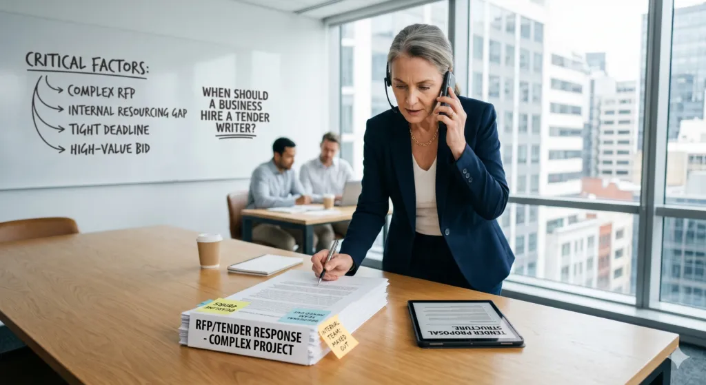 A businesswoman on the phone reviews documents labelled “RFP/Tender Response—Complex Project” in a modern office, with colleagues discussing in the background and notes on a whiteboard.
