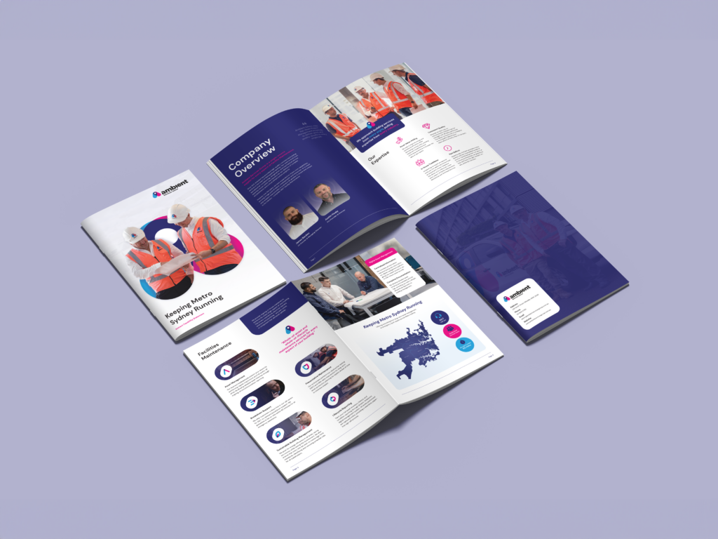 Five open corporate brochures are laid out on a purple surface, displaying pages with images, text, profiles, infographics, and a map.