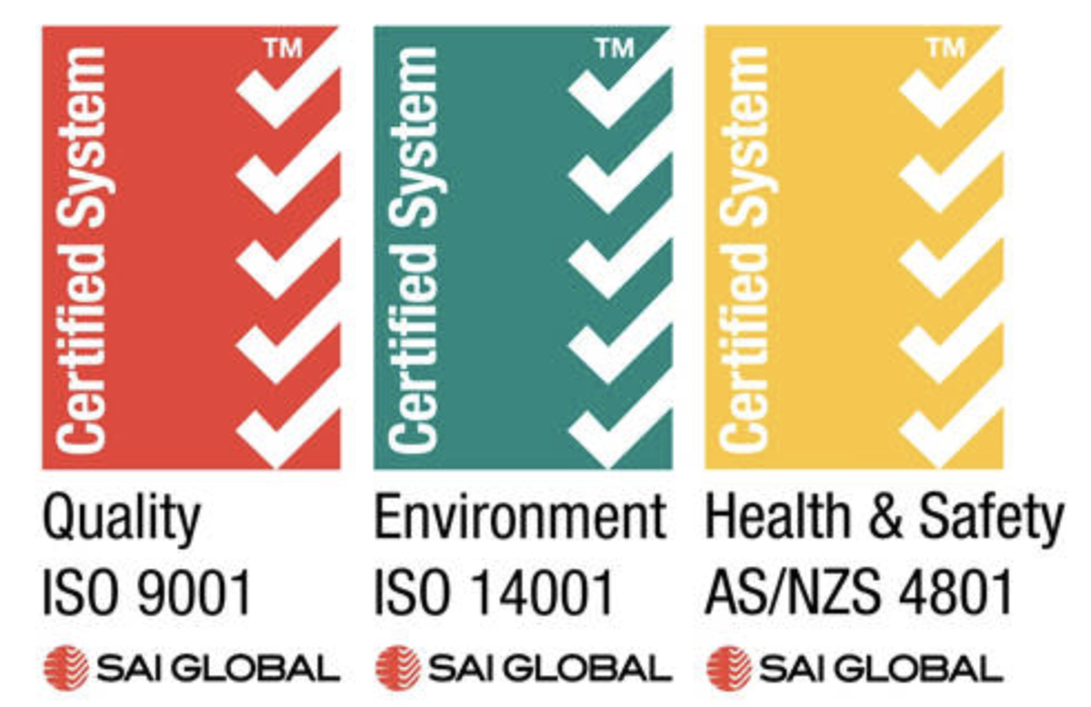 Three coloured certification labels for ISO 9001 Quality, ISO 14001 Environment, and AS/NZS 4801 Health & Safety, each with SAI Global logos and tick mark graphics.