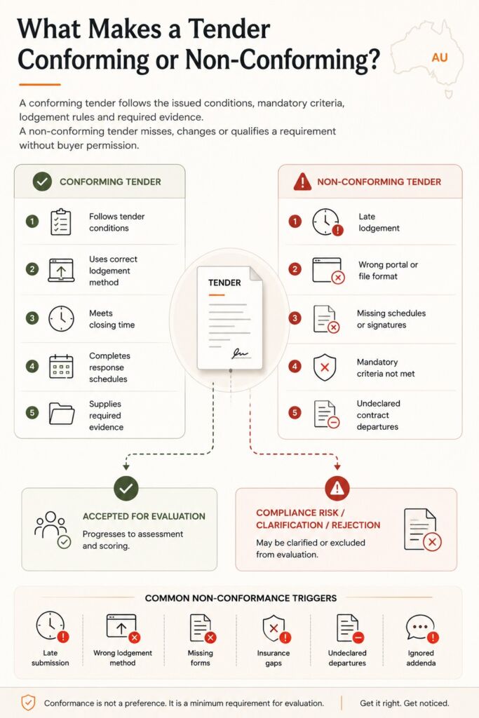 Infographic comparing conforming and non-conforming tenders, listing criteria and triggers for non-conformance, with icons and flowchart for evaluation outcomes.