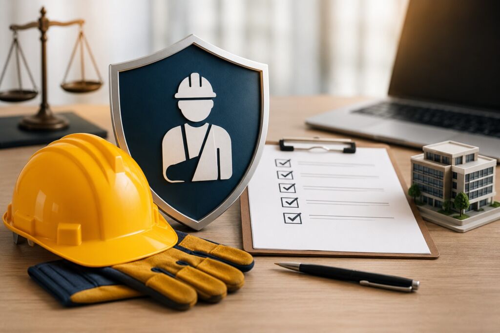 Yellow hard hat, work gloves, a clipboard with a checklist, a pen, a model building, and a shield with an injured worker icon are displayed on a desk.