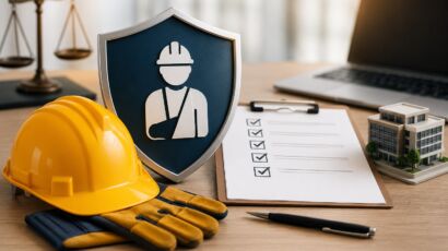 Yellow hard hat, work gloves, a clipboard with a checklist, a pen, a model building, and a shield with an injured worker icon are displayed on a desk.