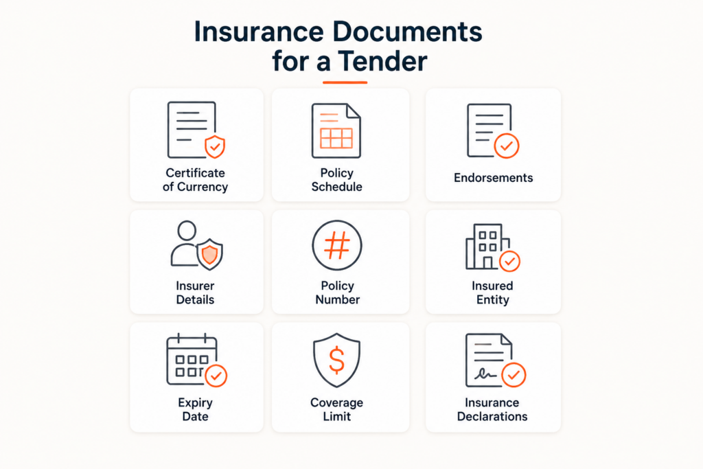 A grid listing nine types of insurance documents for a tender, including certificate of currency, policy schedule, endorsements, and other key details.