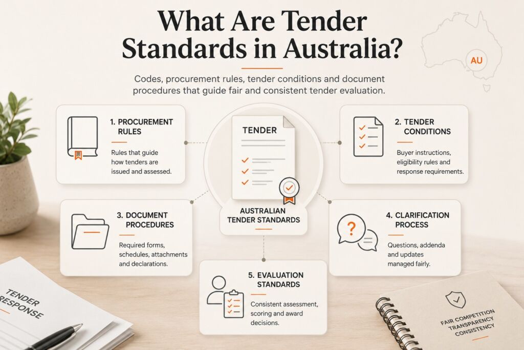 Infographic explaining tender standards in Australia, covering procurement rules, tender conditions, document procedures, clarification process, and evaluation standards.