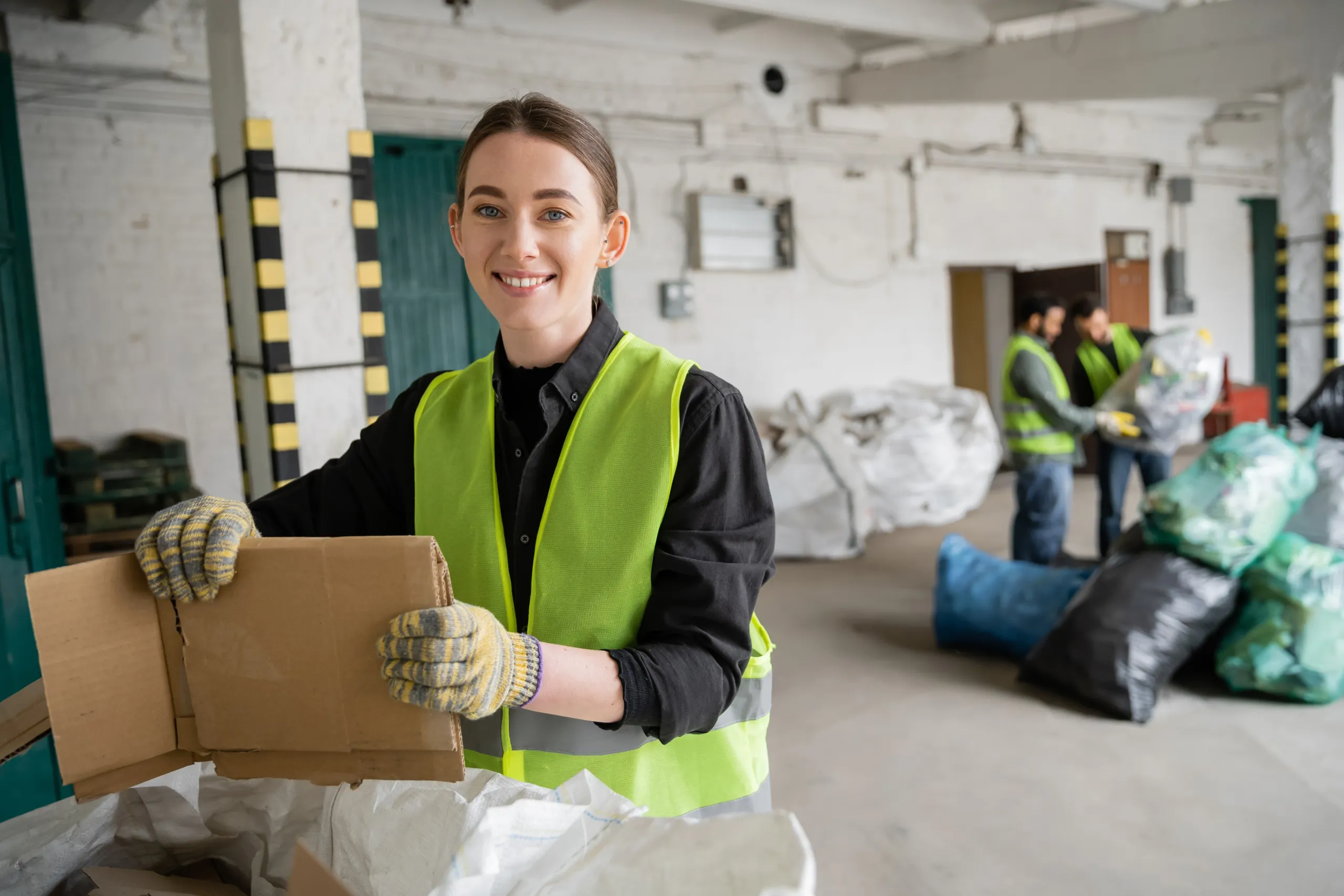 A woman wearing a yellow safety vest breaks down cardboard in a recycling facility, whilst others sort materials in the background.