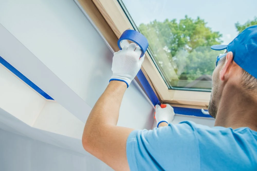 Person wearing gloves and a blue cap applies masking tape along the edge of a skylight window, preparing the area for painting. Trees are visible outside the window.