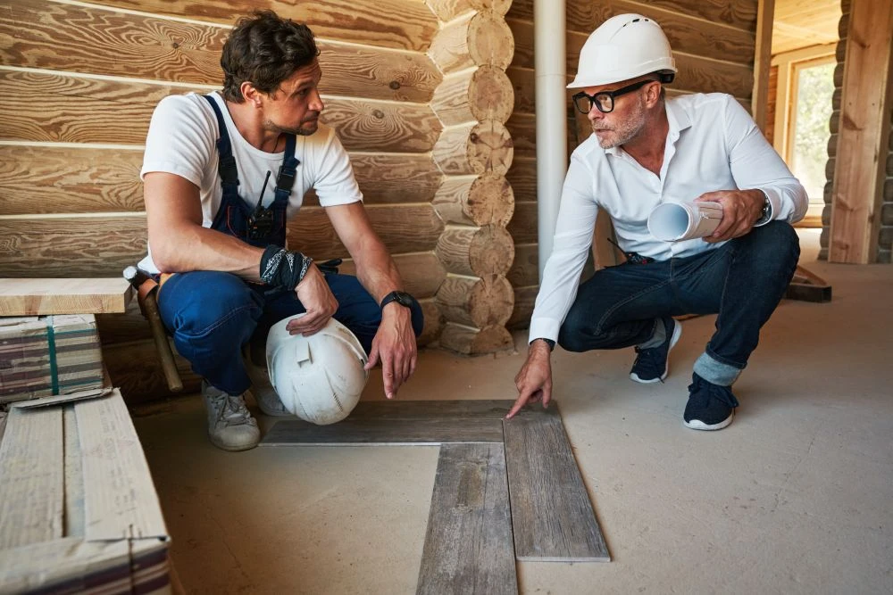 Two men in a partially built wooden structure discuss flooring installation; one is crouching and pointing at wooden planks on the floor, both wearing safety helmets.