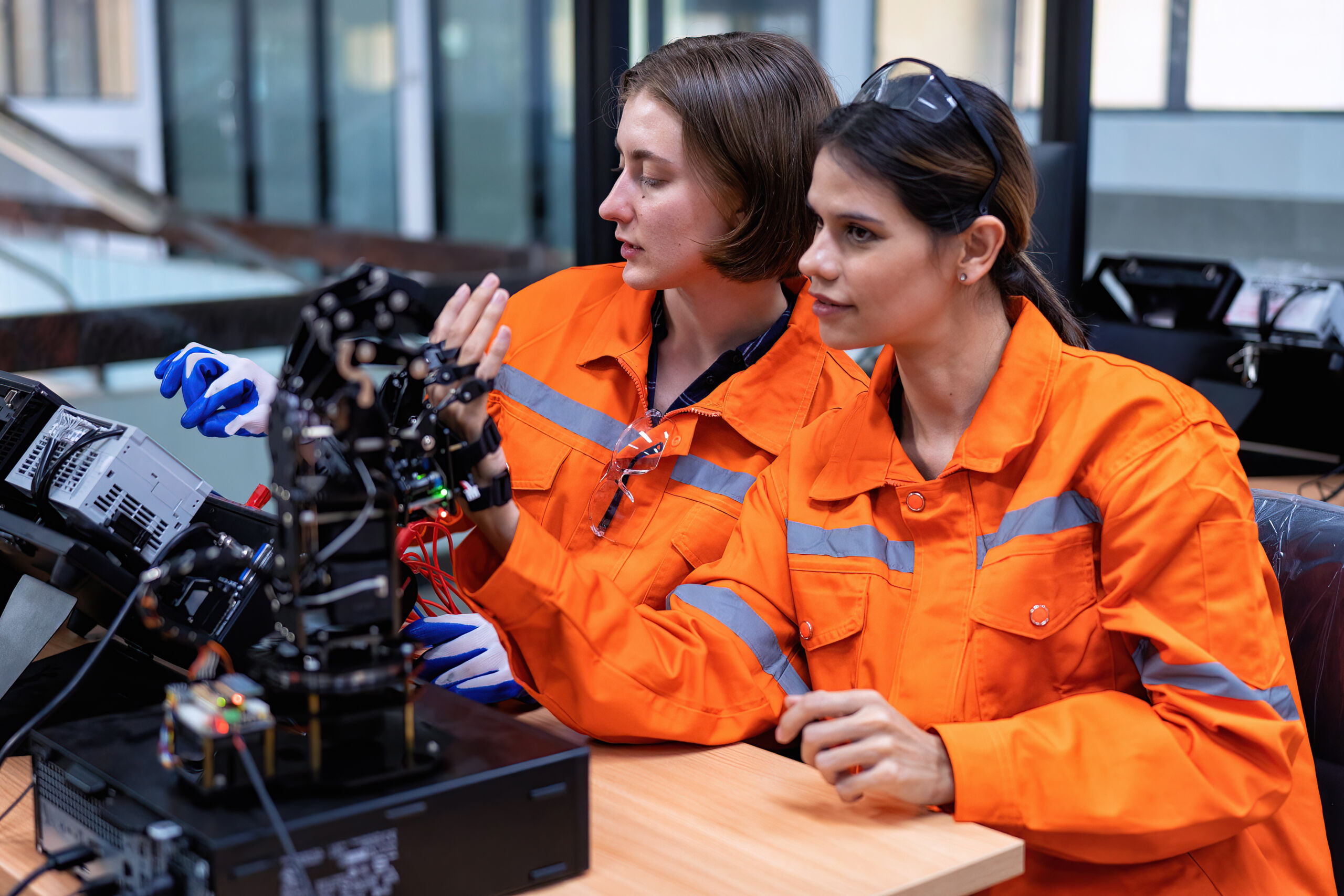 Two people in orange safety uniforms work together on a robotic device at a table, using tools and examining wiring components in a technical setting.