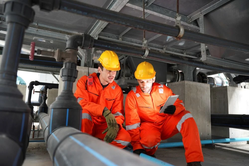 Two workers in orange safety gear and yellow helmets inspect industrial pipes, with one holding a tablet and the other pointing at a pipe.