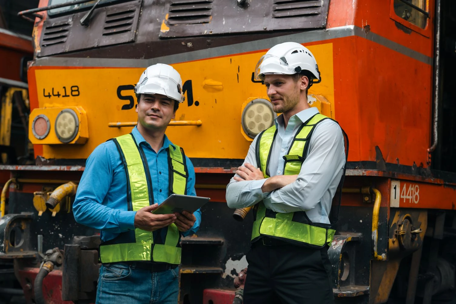 Two men wearing safety vests and white helmets stand in front of a train engine; one holds a tablet whilst the other stands with arms crossed.