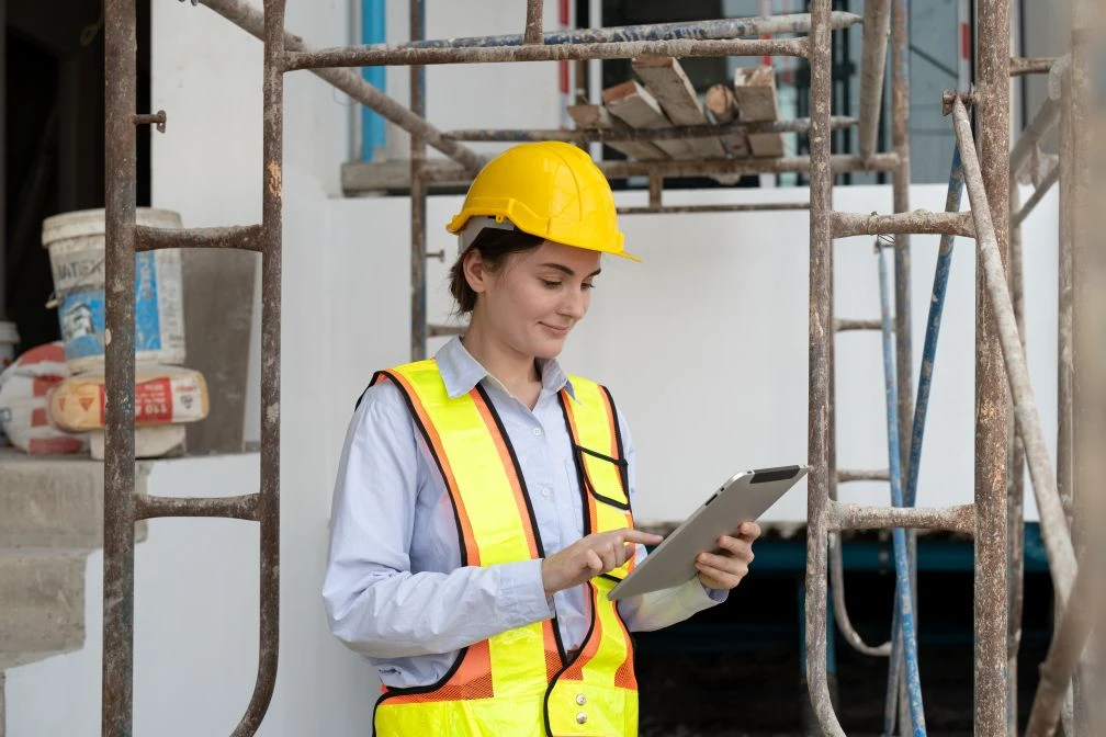 A person wearing a yellow hard hat and reflective vest uses a tablet at a construction site, surrounded by metal scaffolding and building materials.