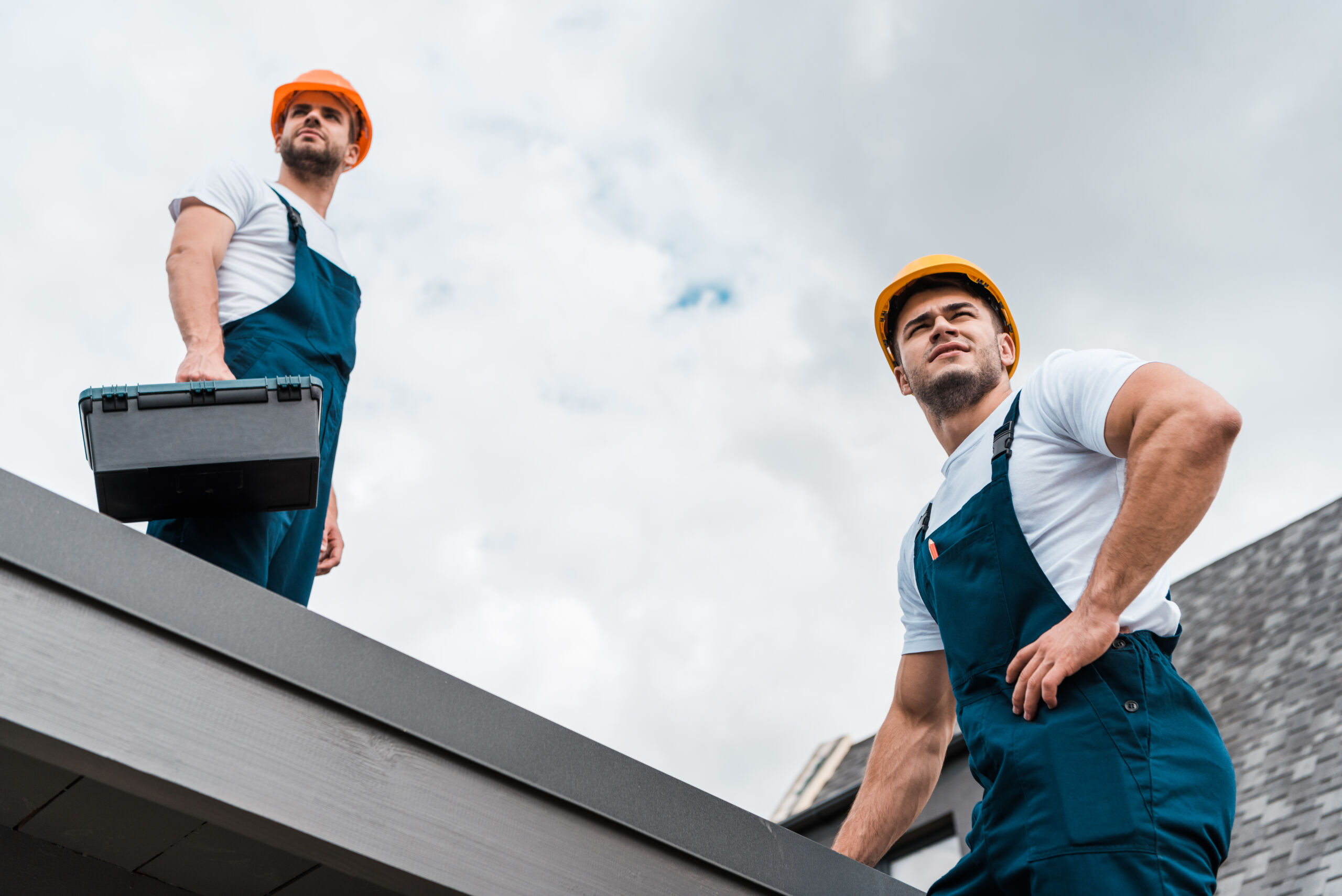 Two construction workers in overalls and yellow hard hats stand on a roof; one holds a toolbox, both look into the distance under a cloudy sky.