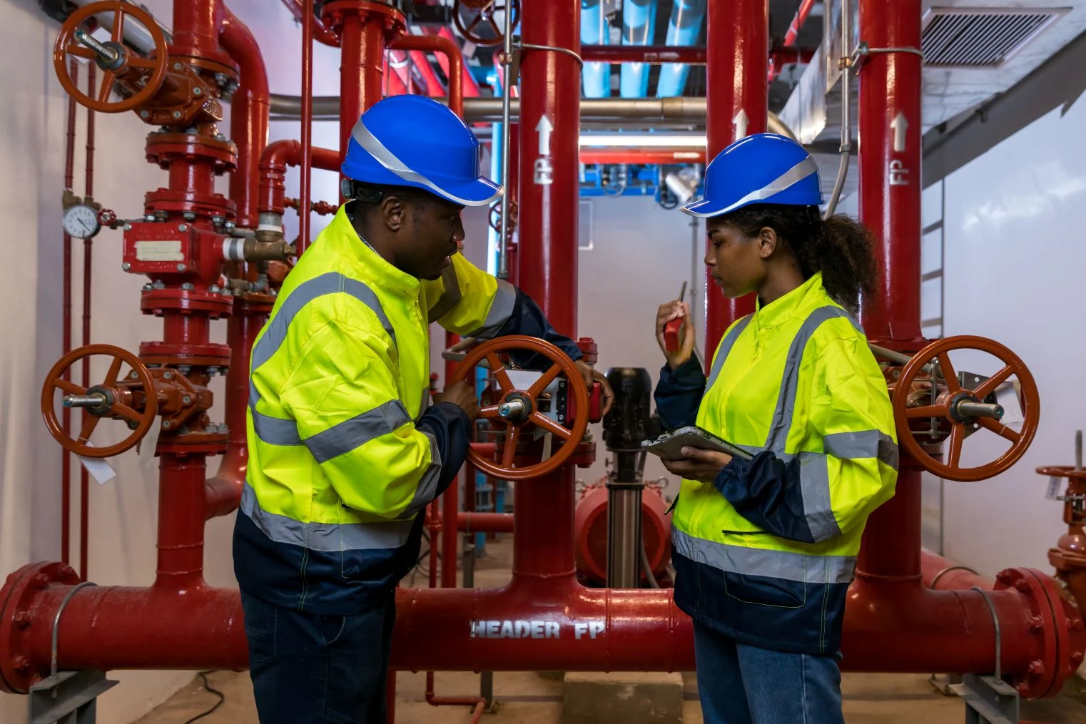 Two workers in safety gear inspect and discuss red industrial piping and valves in a plant room.