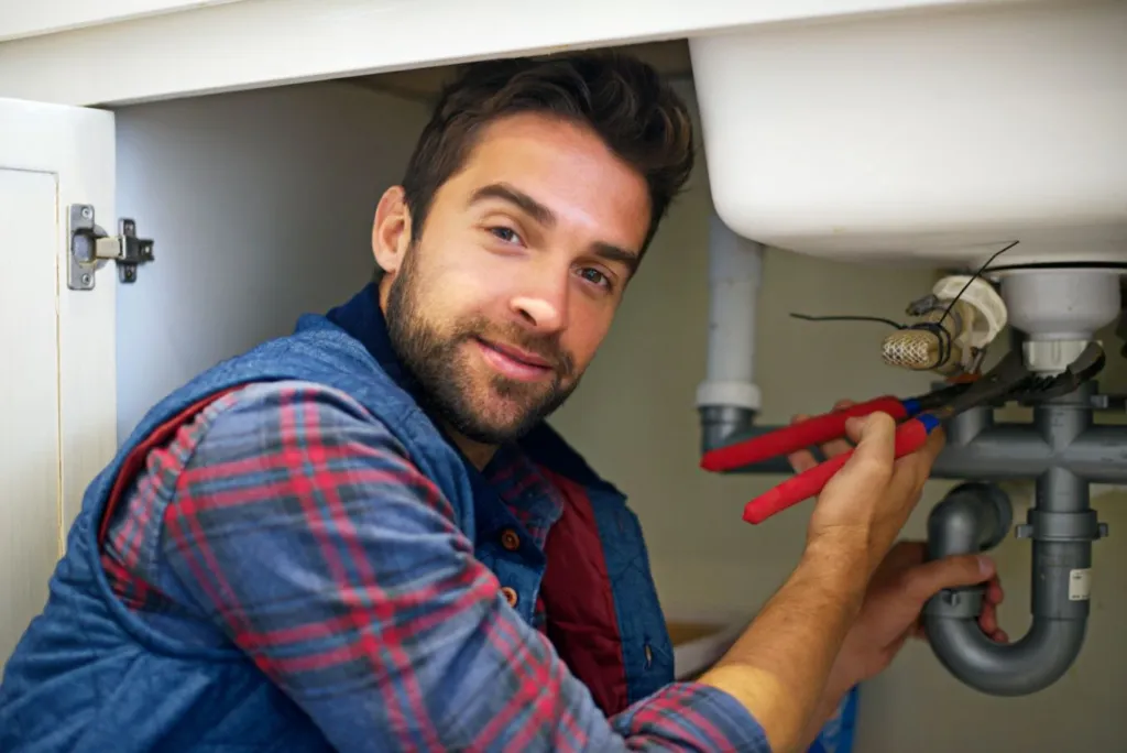 Man working under a sink, holding red-handled pliers and adjusting plumbing pipes.