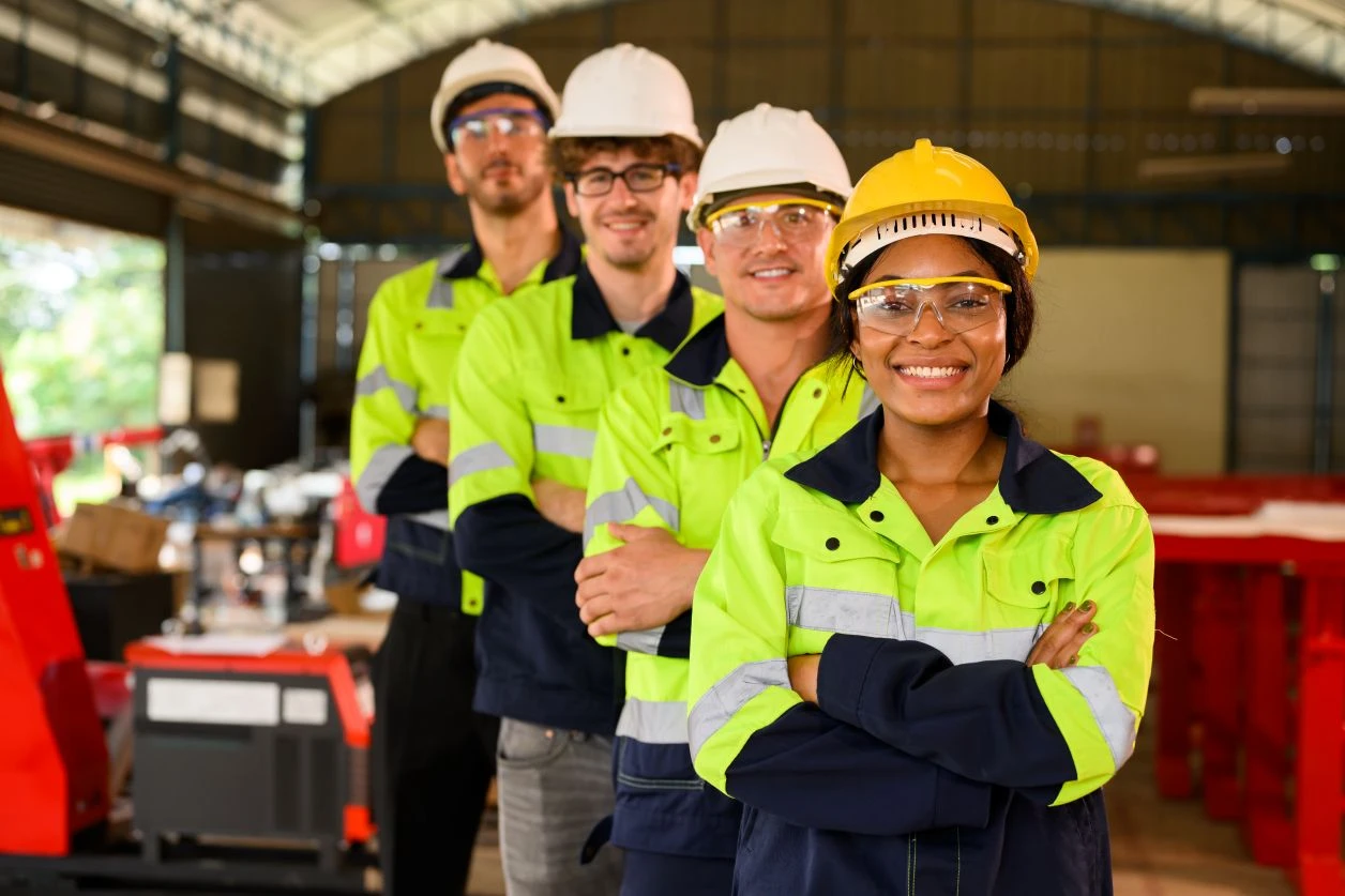 Four workers in safety gear and high-visibility jackets stand in a row inside a large industrial facility, smiling at the camera.