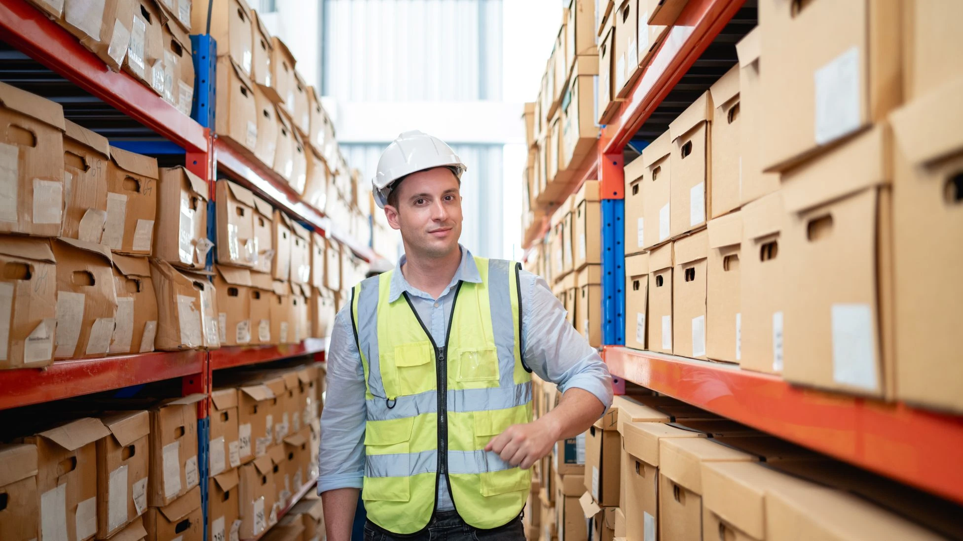 Man in a high-visibility vest and hard hat stands between shelves of cardboard boxes in a warehouse, looking at the camera.
