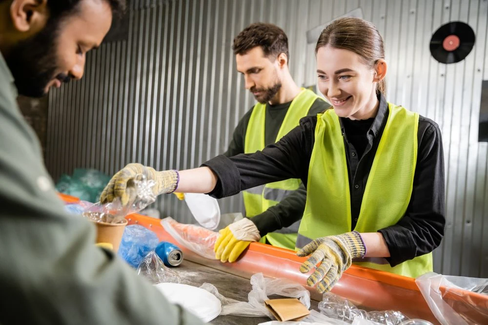 Three people wearing safety vests and gloves sort recyclable materials on a conveyor belt in an industrial facility.