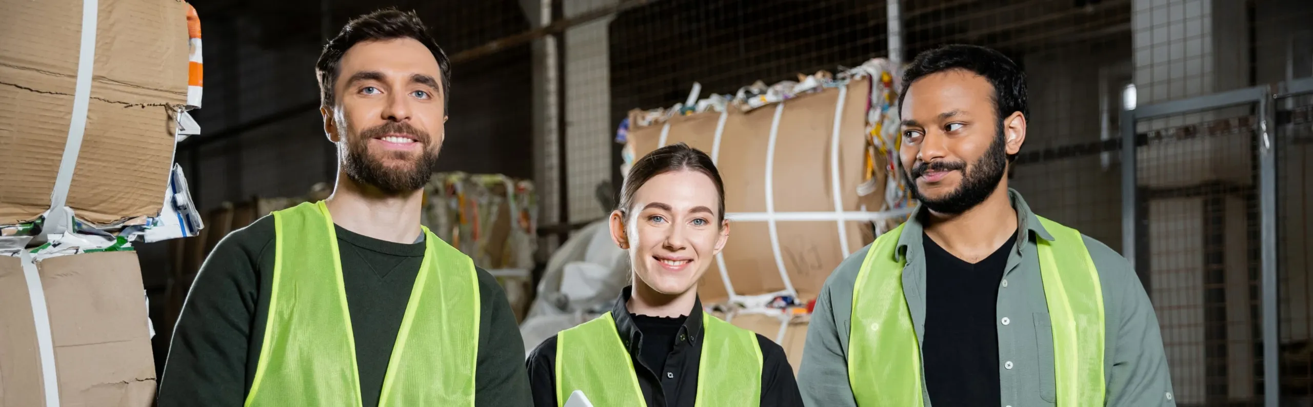 Three people wearing green reflective safety vests stand indoors near large bales of compressed recyclable materials, smiling at the camera.
